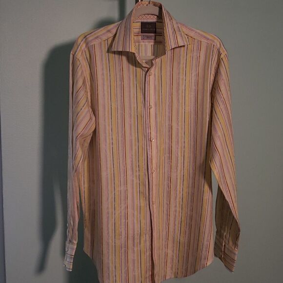 TD, men's dress shirt, medium. Yellow multipal colors Striped. Contrast colar. - Picture 2 of 8